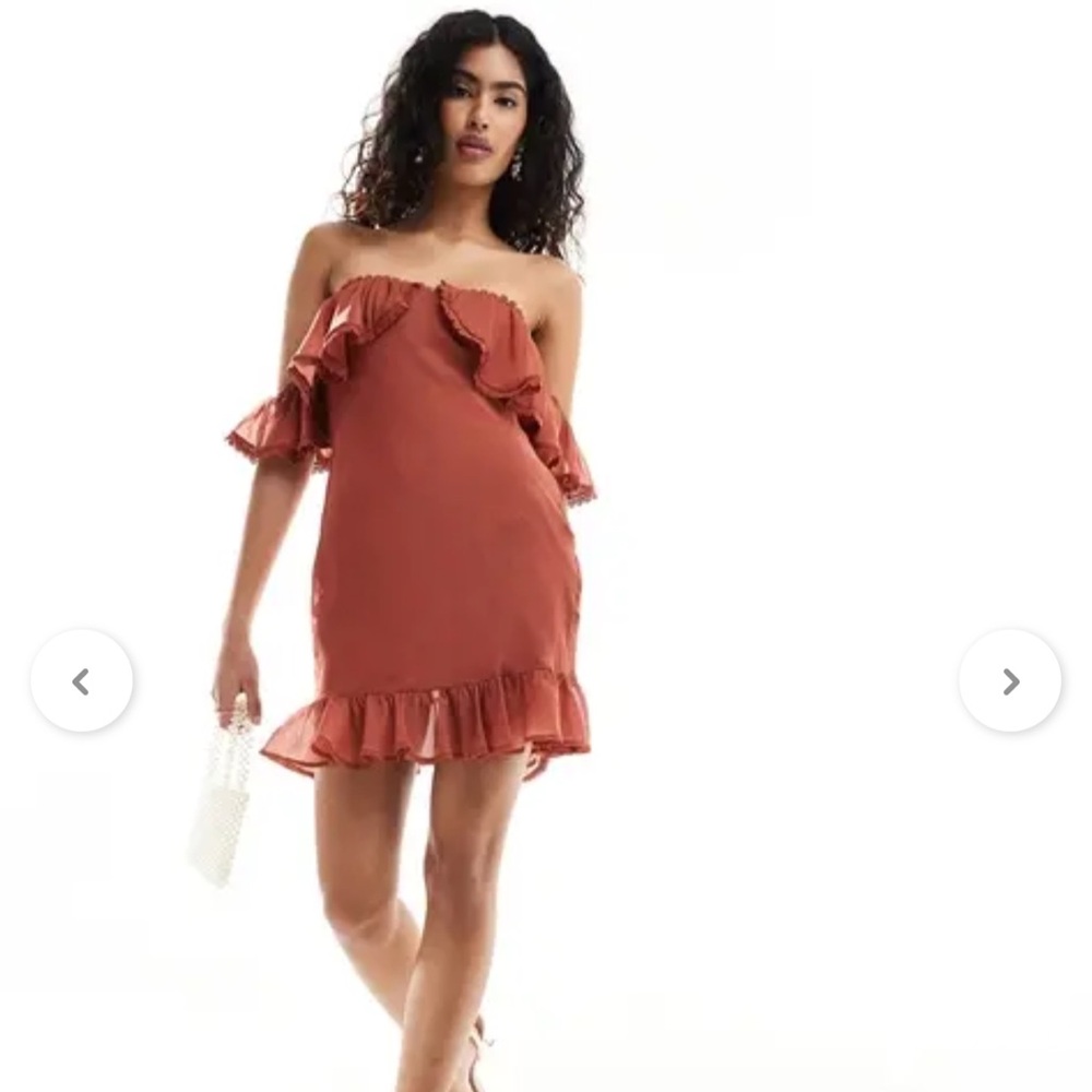 bardot frill mini dress with lace insert in rust - ASOS (NWT)